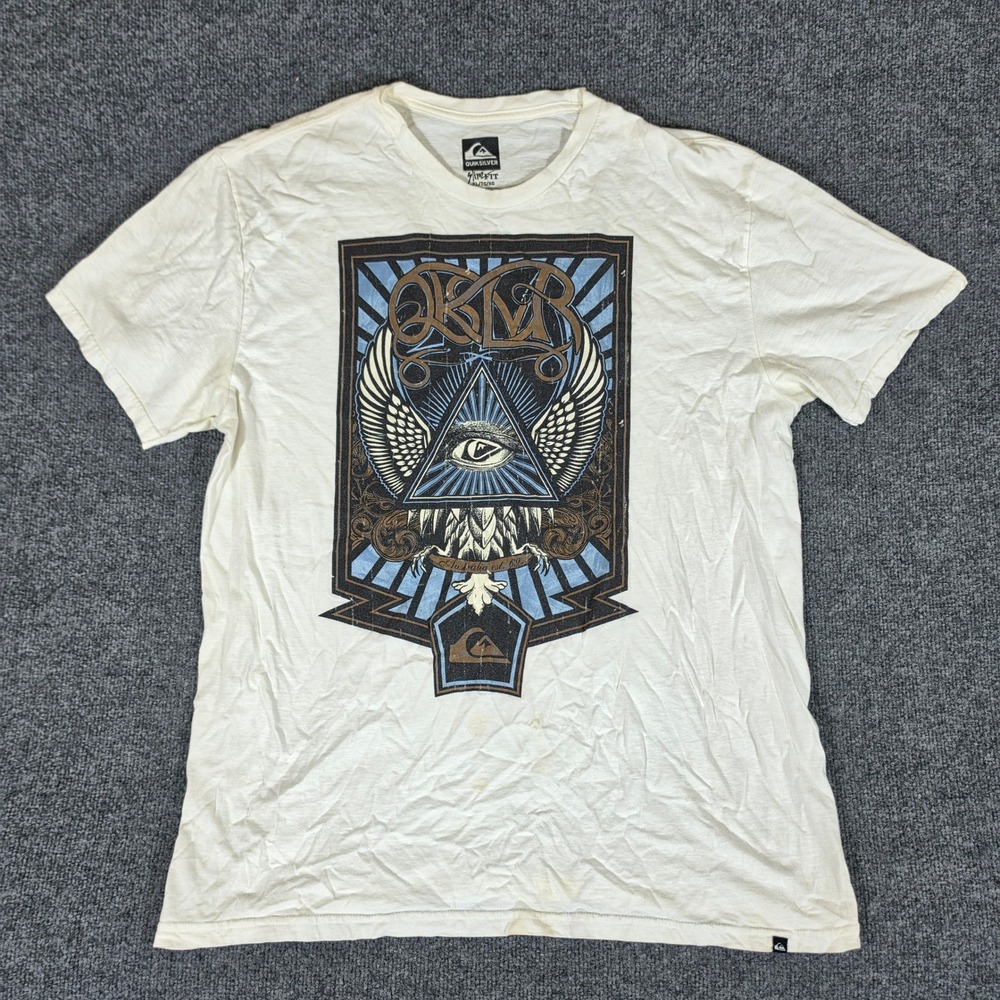 Quiksilver Mens XL Slim Fit Graphic T-Shirt Off White Eye of Providence Stains